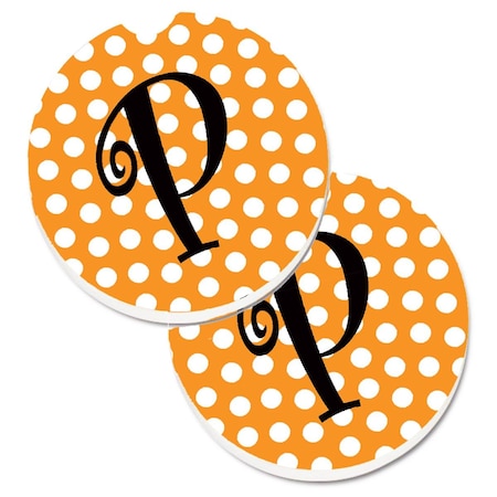 Monogram Initial P Orange Polkadots Set Of 2 Cup Holder Car Coaster